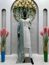 Load image into Gallery viewer, Party Wear White Suit With Different Color Mirror Work Dupatta
