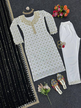 Load image into Gallery viewer, Party Wear White Suit With Different Color Mirror Work Dupatta
