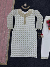 Load image into Gallery viewer, Party Wear White Suit With Different Color Mirror Work Dupatta
