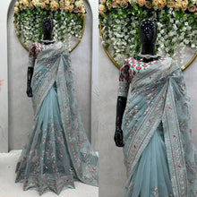 Load image into Gallery viewer, Designer Heavy Organza Silk Fabric Thread And Sequence Work Saree
