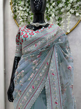 Load image into Gallery viewer, Designer Heavy Organza Silk Fabric Thread And Sequence Work Saree
