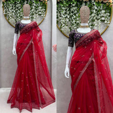 Load image into Gallery viewer, Fashionable Red Colour Heavy Organza Silk Fabric Thread And Sequence Work Saree
