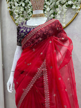 Load image into Gallery viewer, Fashionable Red Colour Heavy Organza Silk Fabric Thread And Sequence Work Saree
