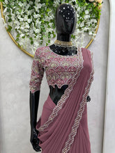 Load image into Gallery viewer, Ready To Wear Coffee Colour Georgette Fabric Thread And Sequence Work Saree
