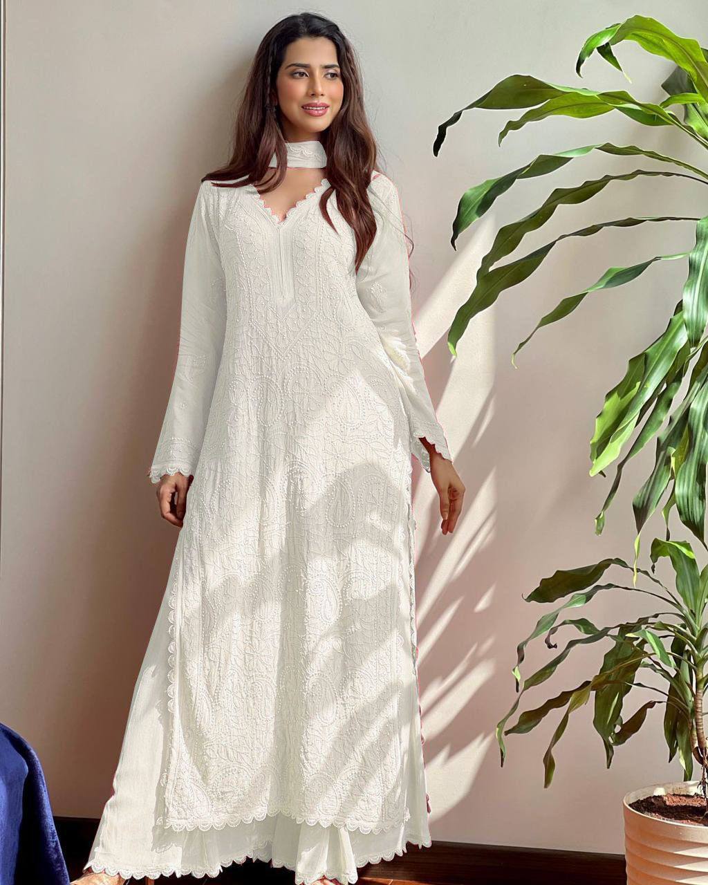 White Color Cotton Thread Work Ethnic Stitched Suit Set For Girls