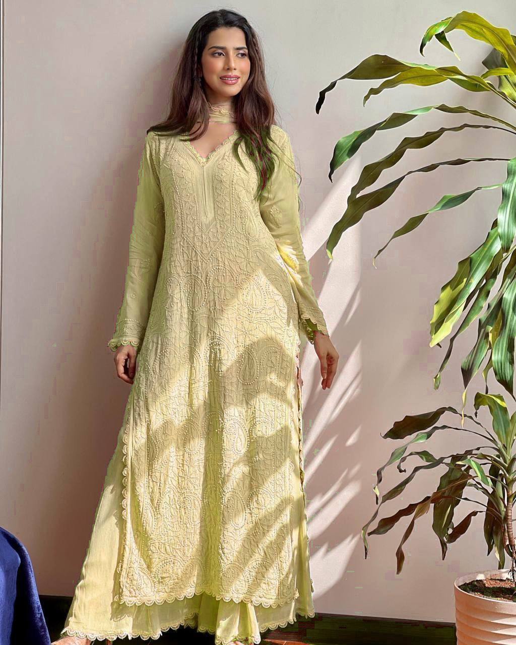 Light Yellow Trendy Chikankari Ethnic Suit Set