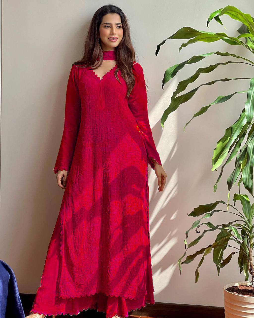 Red Color Cotton Thread Work Ethnic Ready to Wear Set