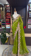 Load image into Gallery viewer, Designer Green Colour Jimmy Chhu Silk Sequences Work Saree
