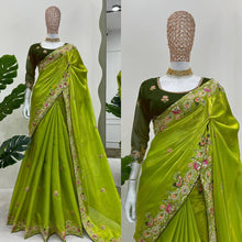 Load image into Gallery viewer, Designer Green Colour Jimmy Chhu Silk Sequences Work Saree
