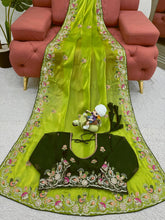 Load image into Gallery viewer, Designer Green Colour Jimmy Chhu Silk Sequences Work Saree
