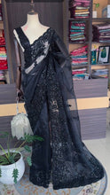 Load image into Gallery viewer, Demandig Organza Silk Fabric Thread Work Black Saree
