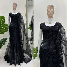 Load image into Gallery viewer, Demandig Organza Silk Fabric Thread Work Black Saree
