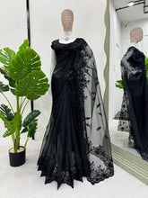 Load image into Gallery viewer, Demandig Organza Silk Fabric Thread Work Black Saree
