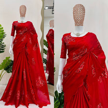 Load image into Gallery viewer, Beautiful Red Colour Jimmy Chhu Silk Thread Work Saree
