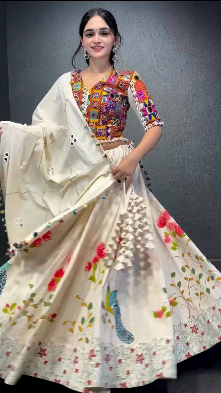 Amazing White Colour Reyon Fabric Digital Print Work Navratri Wear Lehenga Choli