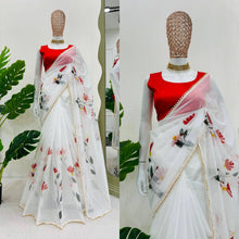 Load image into Gallery viewer, Designer White Colour Tabby Silk Fabric Digital Print With Fancy Lace Saree
