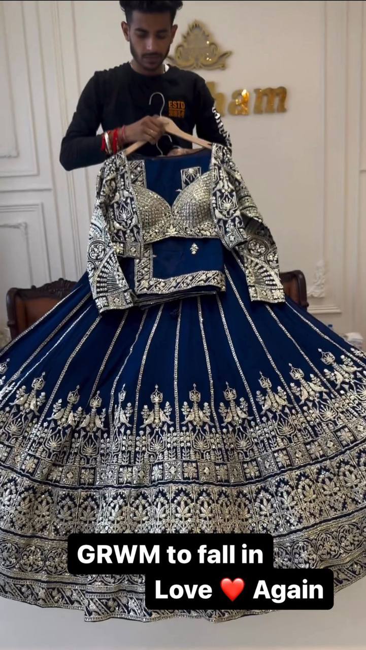 Wedding Wear Blue Colour Georgette Fabric Thread Work Lehenga Choli With Dupatta