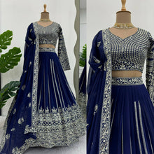 Load image into Gallery viewer, Wedding Wear Blue Colour Georgette Fabric Thread Work Lehenga Choli With Dupatta
