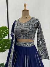 Load image into Gallery viewer, Wedding Wear Blue Colour Georgette Fabric Thread Work Lehenga Choli With Dupatta
