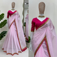 Load image into Gallery viewer, Baby Pink Mul Cotton Fancy Jhumka Lace Latkan Pallu Saree
