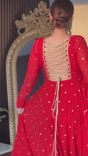 Load and play video in Gallery viewer, Red Georgette Long Full Stitched Gown for Function Wear
