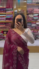 Load and play video in Gallery viewer, Looking Beautiful Designer Saree On Faux Georgette Febric With Hot Fix Work And Blouse Faux Georgette Febric With Thred With Sequence Work
