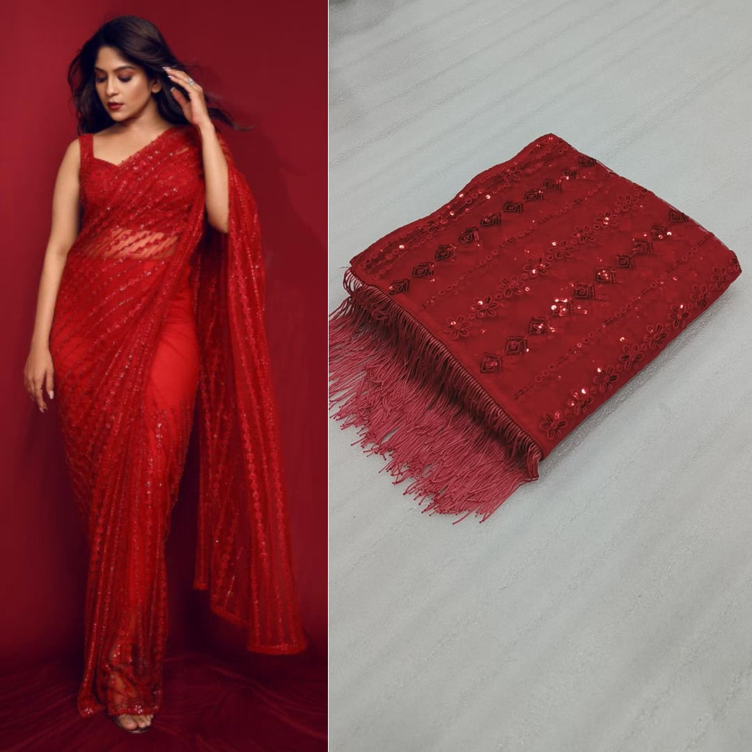 Red Color Soft Net Sequence Work Saree Blouse For Women