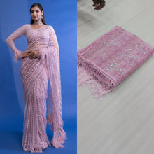 Load and play video in Gallery viewer, Party Wear Pink Color Soft Net Sequence Work Saree Blouse For Women
