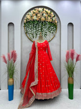 Load image into Gallery viewer, Red Georgette Long Full Stitched Gown for Function Wear
