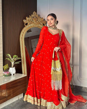 Load image into Gallery viewer, Red Georgette Long Full Stitched Gown for Function Wear
