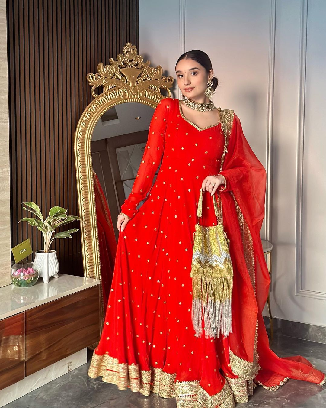 Red Georgette Long Full Stitched Gown for Function Wear