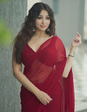 Load image into Gallery viewer, Red Color Georgette Party Wear Plain Saree with Work Blouse
