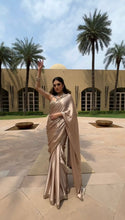 Load image into Gallery viewer, Beige Satin Silk Real Mirror Work Saree With Heavy Blouse
