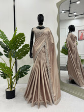 Load image into Gallery viewer, Beige Satin Silk Real Mirror Work Saree With Heavy Blouse
