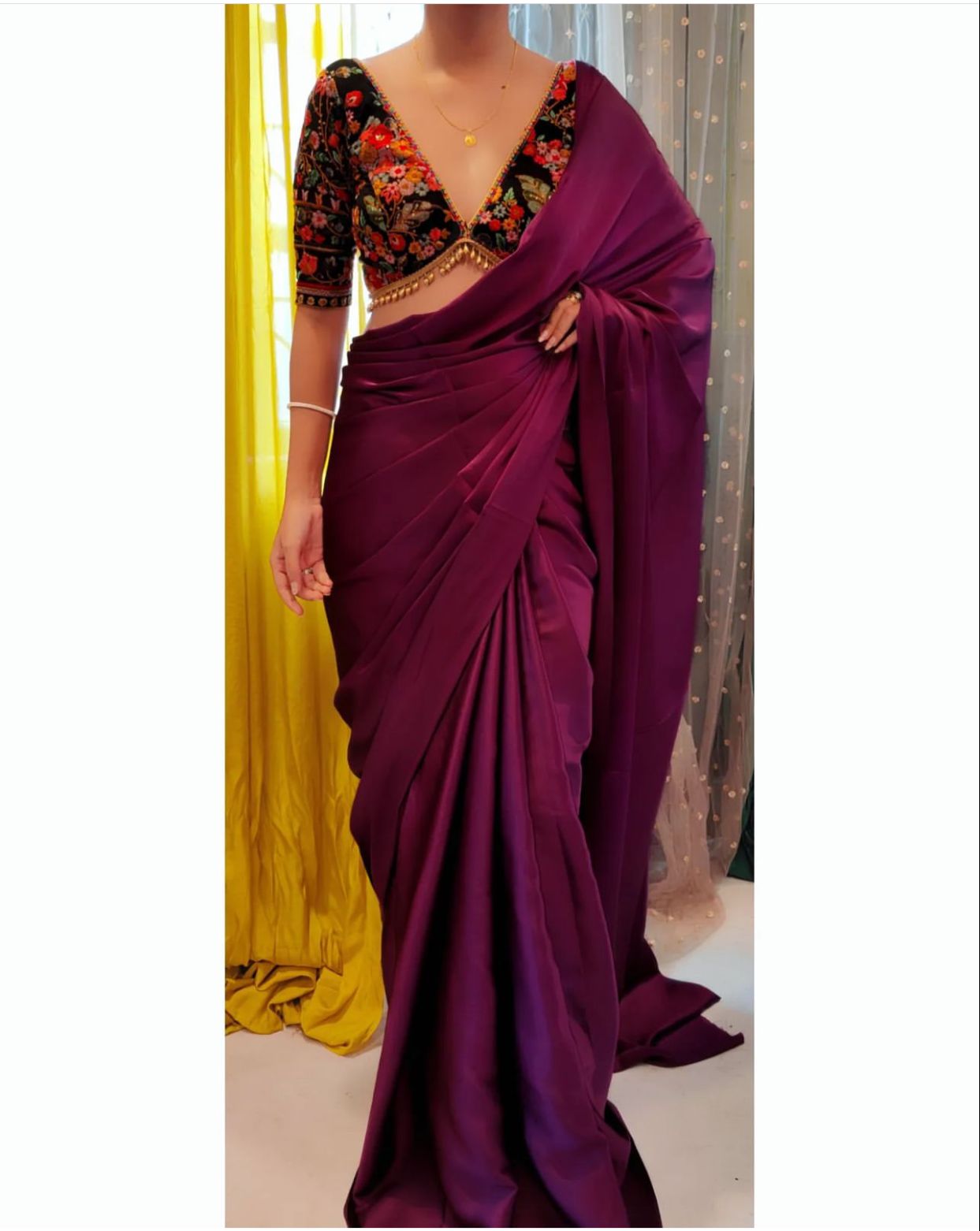 Plain Satin Silk Party Wear Saree with Embroidered Work Blouse