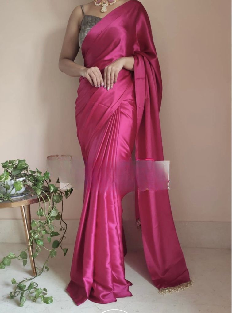 Plain Satin Silk Saree with Latkan Border Lace