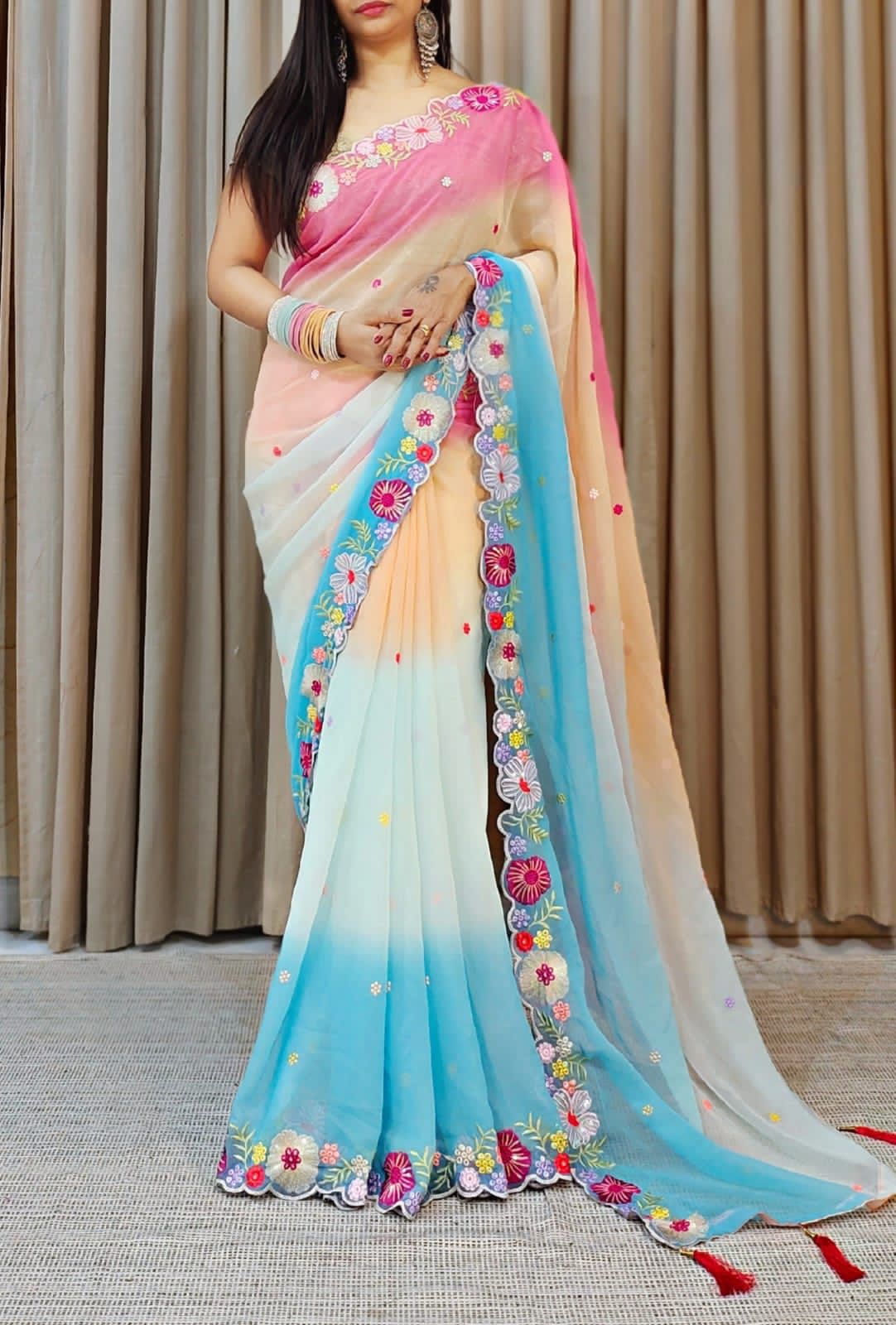 Function Wear Multi Color Thread & Sequence Lace Border Work Saree