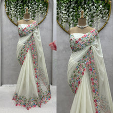 Load image into Gallery viewer, White Tibby Silk Multi Thread work Saree
