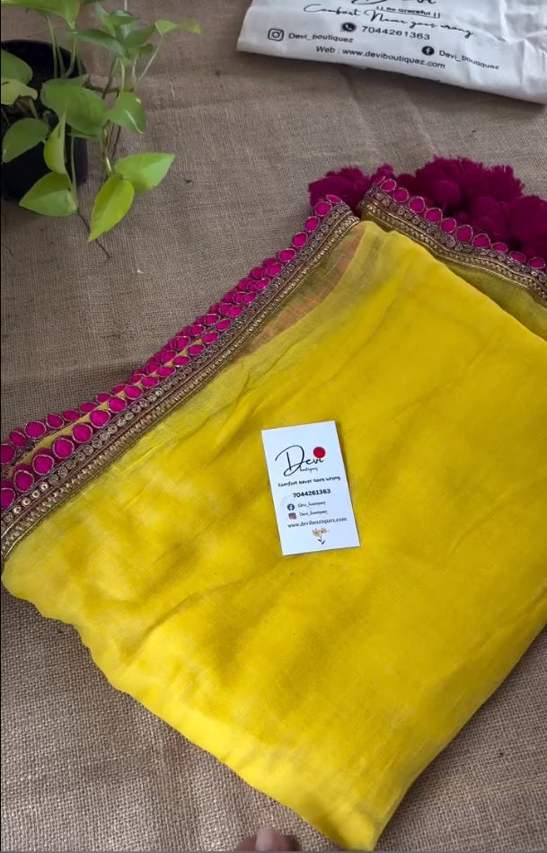 Yellow Color Mul Cotton Stuff Fancy Lace With Heavy Latkan Pallu Saree