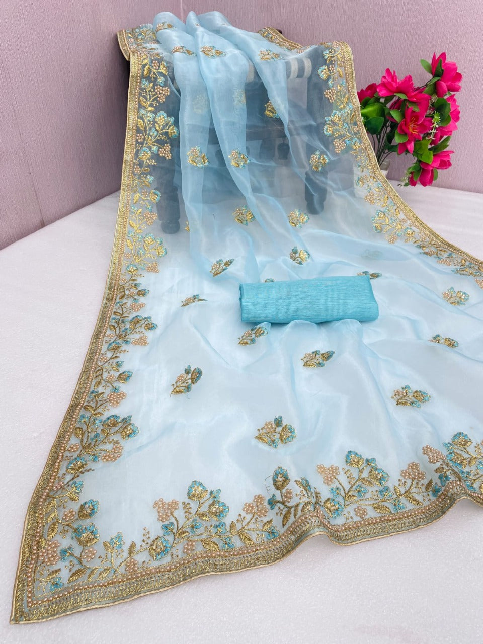 Absolute Sky Bule Organza  Embroidery  Work Saree For Women