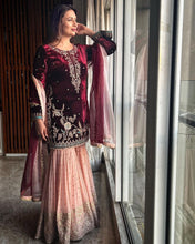 Load image into Gallery viewer, Beautiful Designer Suit On Heavy Velvet Fabric Sharara   For Women

