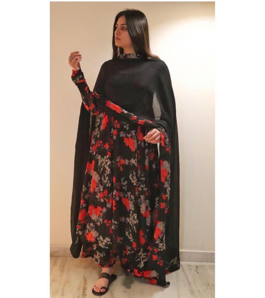 Appealing  Black   Full Stitch  Georgette  Printed Work Salwar Suit For Women