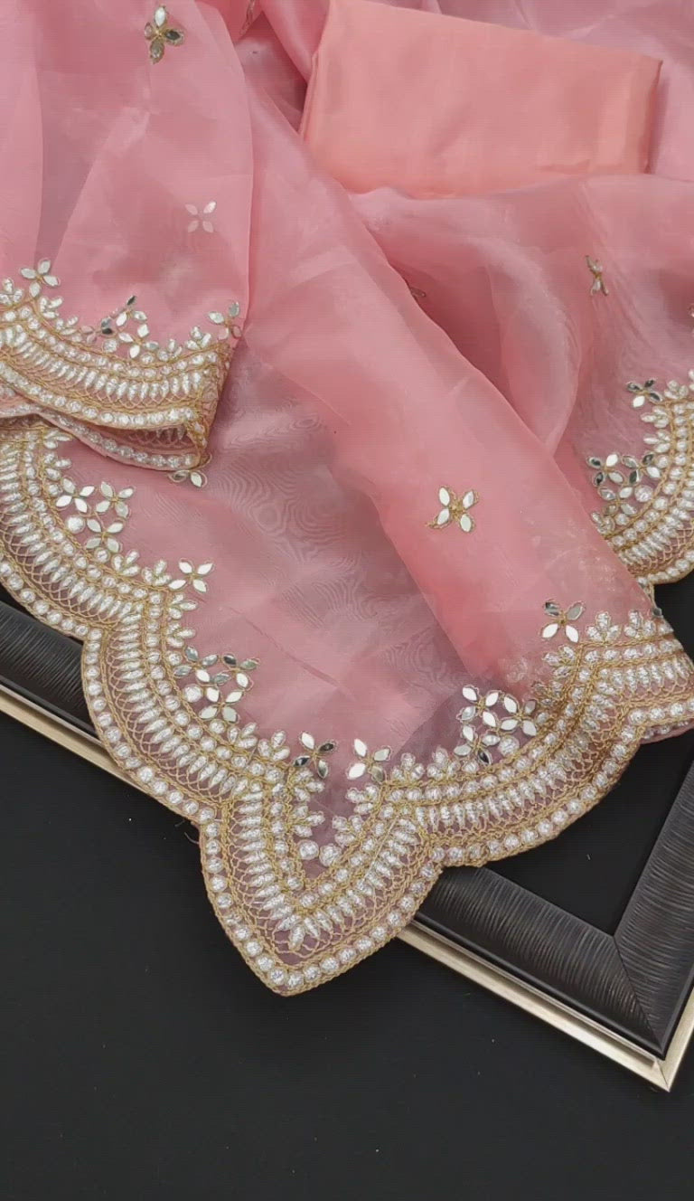 Pastal Pink Color Organza Silk Embroidered Real Mirror Work Saree Blouse For Wedding Wear