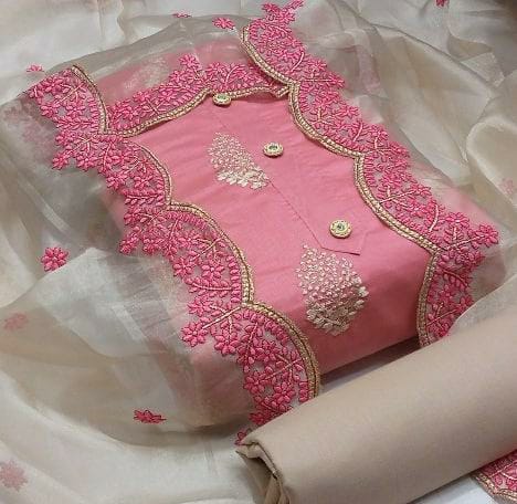 Pleasant Pink Color Chanderi Designer Multi Work Salwar Suit