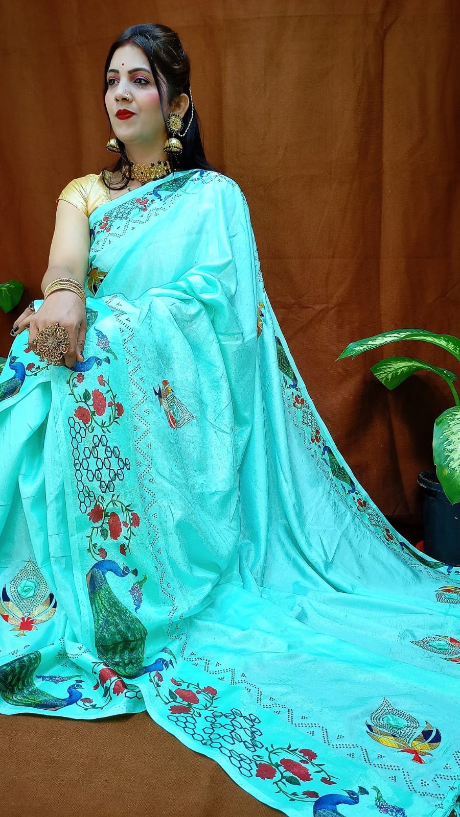 Entrancing Sky Blue Color Occasion Wear Satin Diamond Printed Saree Blouse