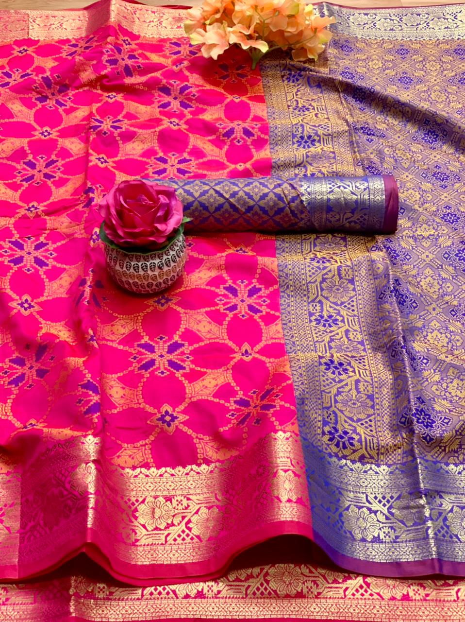 Knockout Pink Color Festive Wear Patola Silk Zari Weaving Saree Blouse