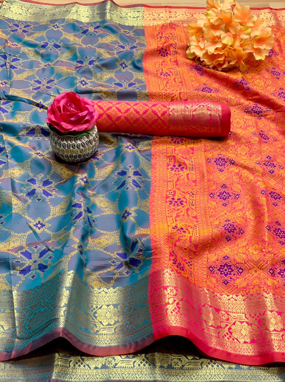 Winning Blue Color Party Wear Silk Patola Design Multi Thread Weaving Work Saree Blouse