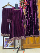 Load image into Gallery viewer, Pleasant Wine Color Velvet Embroidered Work Festival Wear Salwar Suit
