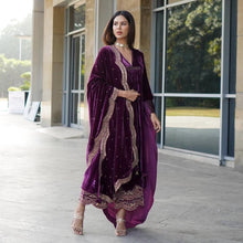 Load image into Gallery viewer, Pleasant Wine Color Velvet Embroidered Work Festival Wear Salwar Suit
