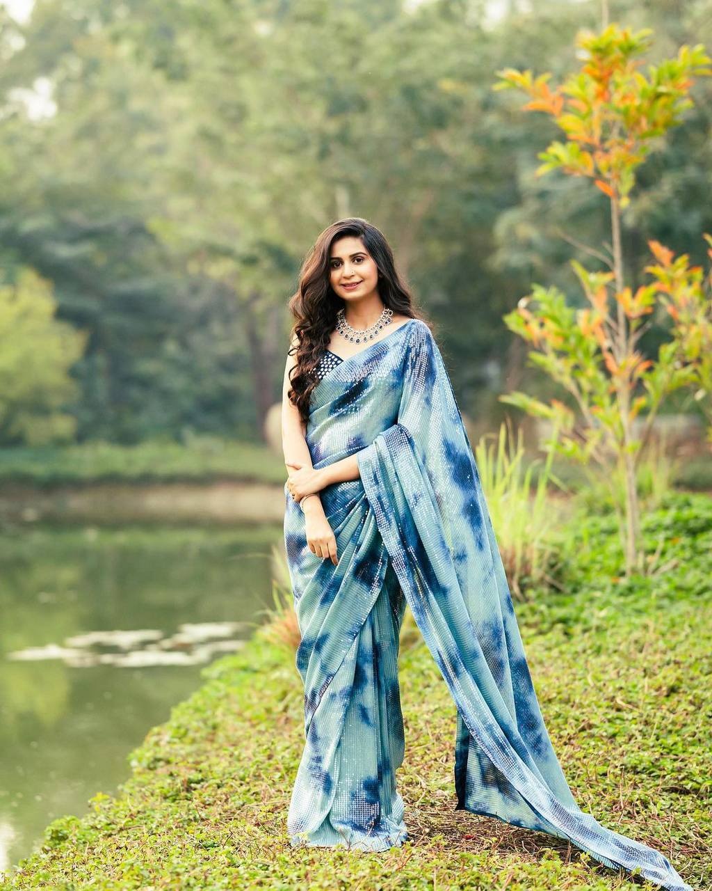 Alluring Blue Color Georgette Party Wear Sequence Printed Work Saree Blouse